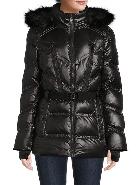 michael michael kors belted faux fur trim down puffer coat